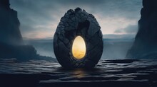  a large rock with a hole in it in the middle of a rocky area with a body of water in front of it.  generative ai