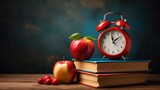 Fototapeta Tematy - Back to school concept with books, apple, watches and school staff stationery copy space banner background