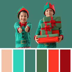 Sticker - Cute little boys in elf costumes with Christmas presents on green background