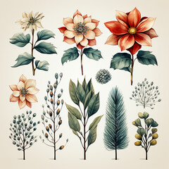 Wall Mural - Christmas set of plants with flowers, spruce branches, leaves and berries. AI generative