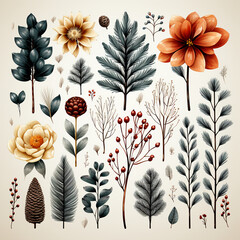 Wall Mural - Christmas set of plants with flowers, spruce branches, leaves and berries. AI generative
