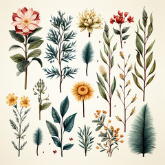 Wall Mural - Christmas set of plants with flowers, spruce branches, leaves and berries. AI generative