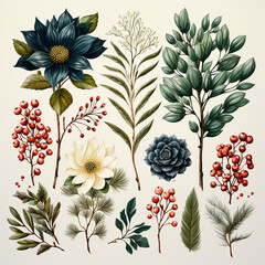 Wall Mural - Christmas set of plants with flowers, spruce branches, leaves and berries. AI generative