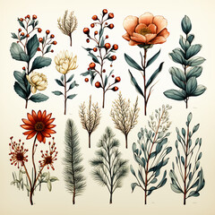 Wall Mural - Christmas set of plants with flowers, spruce branches, leaves and berries. AI generative