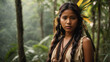© Wabisabi - Bellissima ragazza originaria della foresta dell'Amazzonia posa per una foto con lo sfondo della foresta
