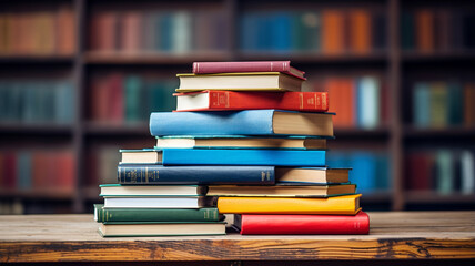 Wall Mural - stack of books on wooden table against blurred background