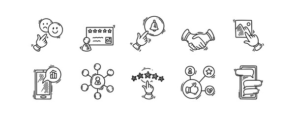 Doodle customer review and testimonial icons. Positive and negative experience feedback. Five star rating. Notifications on. Follow in social media. Subscribe to the newsletter