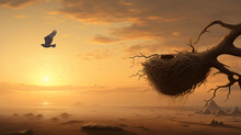 Illustration With Birds, Nest And Tree, Sunset, Sky, Clouds, Abstract Painting, Digital Painting