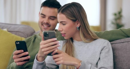 Poster - Internet, talking and a couple with a phone on home sofa for connection, communication and chat. Young man and woman together on couch with a smartphone for streaming, multimedia or social media