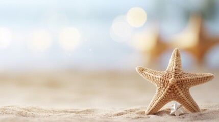 Poster - a starfish is sitting on the sand with a bokeh background, ai