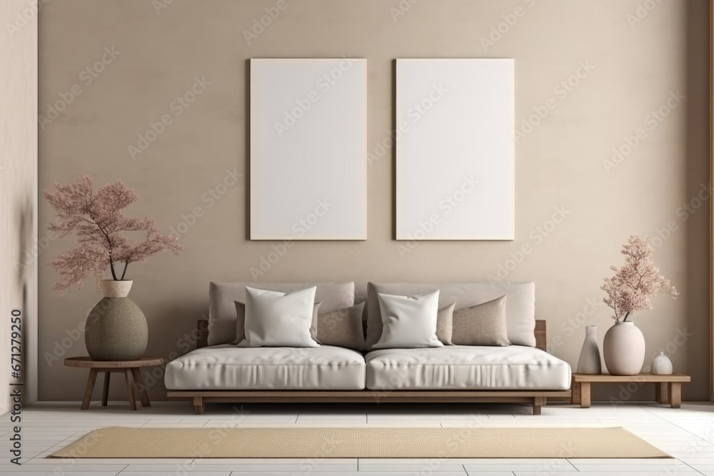 Picture frames mockup in a modern japandi style living room interior ...