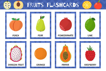 Wall Mural - Fruits flashcards set. Flash cards collection for practicing reading skills. Learn food vocabulary for school and preschool. Peach, pear, papaya and more. Vector illustration