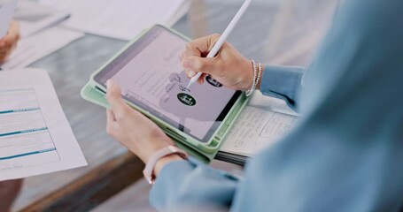 Poster - Tablet, hands and writing strategy with internet design and research for website project. Company image, startup and employee working on technology with creative web designer and digital work plan