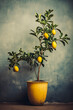 © ADDICTIVE STOCK - Generative AI illustration of lemon tree with ripe fruits stands in a distressed yellow pot against a textured gray blue backdrop