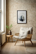 Generative AI Illustration Of Warm Interior Space Showcasing Brick Wall A Wooden Chair With Cushions Side Table And Monochrome Artwork Hanging Above