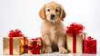 dog puppy playing with gift boxes for christmas. Generative AI