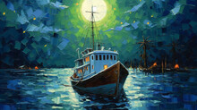 Peinture Représentant Un Bateau Naviguant Sur L'océan. Peindre, Réaliste, Pinceau. Arrière-plan Pour Conception Et Création Graphique.
