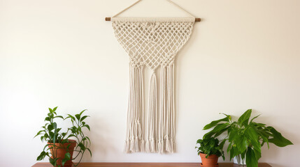 Wall Mural - Boho Macrame close-up. Calm pastel colors. Handmade dreamcatcher made of linen threads. Authentic diy interior decorations.