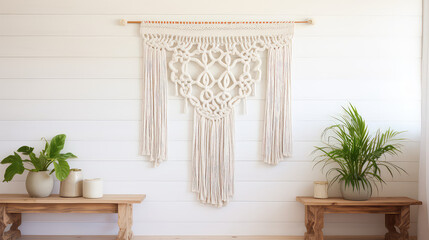 Wall Mural - Boho Macrame close-up. Calm pastel colors. Handmade dreamcatcher made of linen threads. Authentic diy interior decorations.