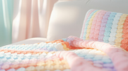 Wall Mural - Close up of cozy crochet blanket lying on sofa, cute textile knitted accessories for comfy home. 