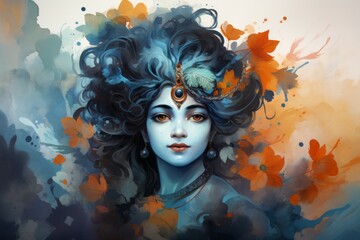 Canvas Print - Krishna in colorful style. Religious concept with selective focus and copy space