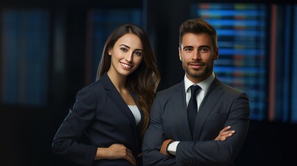 Wall Mural - Business man and woman smiling happily with stock market background, businessman in uniform