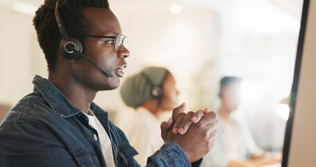 Canvas Print - Call center, consulting and agent with black man in office for contact us, communication and customer service. Salesman, help desk and technical support with person in crm agency for telemarketing