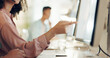 © David Lahoud/peopleimages.com - Pointing, computer or hand of woman in call center speaking, communication or talking on mic. Customer services closeup, blurry screen or virtual assistant in conversation in technical support office