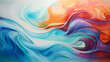 An abstract painting of a wave of blue, orange, and white