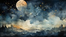 An Abstract Illustrated Background With The Moon And Night Sky And Flowers. Generative AI. 
