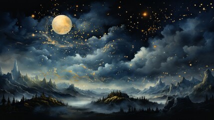 An abstract illustrated background with the moon and night sky and flowers. Generative AI. 
