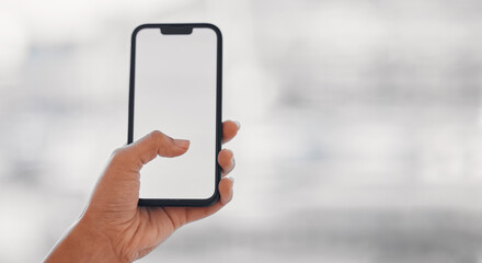 Aufkleber - Person hands, phone screen and mockup on social media, online scroll and Web 3.0 ui or ux design space. Business FAQ, information and contact on mobile technology for job search and marketing on blur