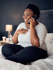 Sticker - Phone call, smile and black woman in home bedroom, talking and communication. Smartphone, conversation and African plus size person happy for discussion, chat and speaking to contact in bed in house