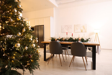 Sticker - Cozy spacious kitchen decorated for Christmas. Interior design