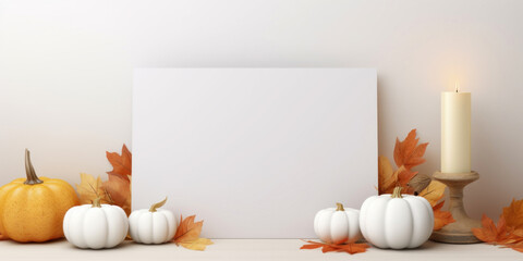 Autumn cozy composition with white pumpkins, autumn leaves on white background.