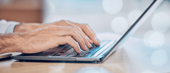 Aufkleber - Hands, laptop and business man typing in office for planning, schedule and project research. Closeup, keyboard and male designer online for creative, strategy and idea inspiration for proposal