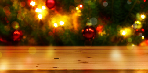 Sticker - Empty wooden table near Christmas tree. Banner with space for design