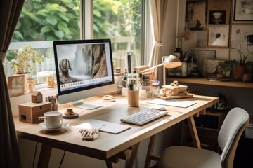 A modern work space desk with a computer Generative AI