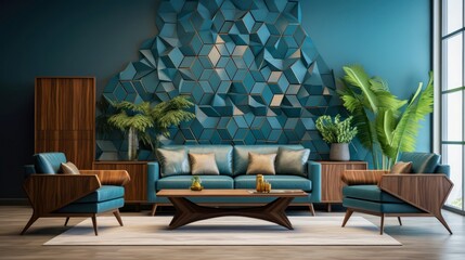 Wall Mural - Modern living room with wooden geometric wall