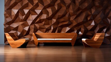 Wall Mural - Modern living room with wooden geometric wall