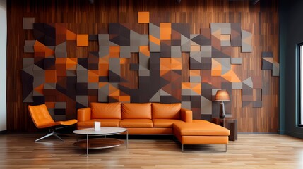 Wall Mural - Modern living room with wooden geometric wall