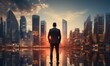 © Surasak-Art - Business, The concept of modern life, The double exposure image of the business man standing back during sunrise overlay with cityscape image