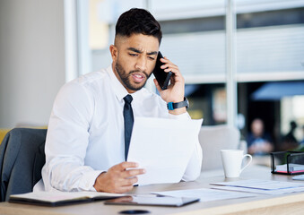 Poster - Corporate, phone call and man with paperwork, communication and serious with financial consultant, contact or talking. Male person, employee or broker with a smartphone, documents and conversation
