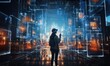 © Surasak-Art - person wearing VR goggles and connecting other translucent 3d grid buildings through data signals passing between them