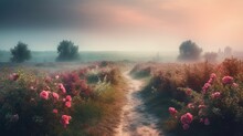 Beautiful Summer Landscape With Blooming Pink Roses On A Foggy Morning