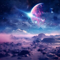 Glowing huge nebula with young stars. Cosmic Galaxy Space Dust Universe With Nebula and Bright Shining Stars Movie Poster Background