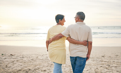 Canvas Print - Beach, hug and rear view of senior couple with love, bond and happy while walking in nature together. Back, embrace and old people enjoy retirement with ocean travel, vacation and holiday at the sea