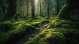 Fototapeta Natura - Collage of beautiful green mossy forest in a foggy forest
