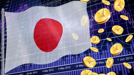 Sticker - Japan flag, trend graph and coins