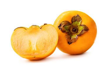 Wall Mural - Fresh orange ripe persimmon with half isolated on white background with clipping path and shadow in png file format